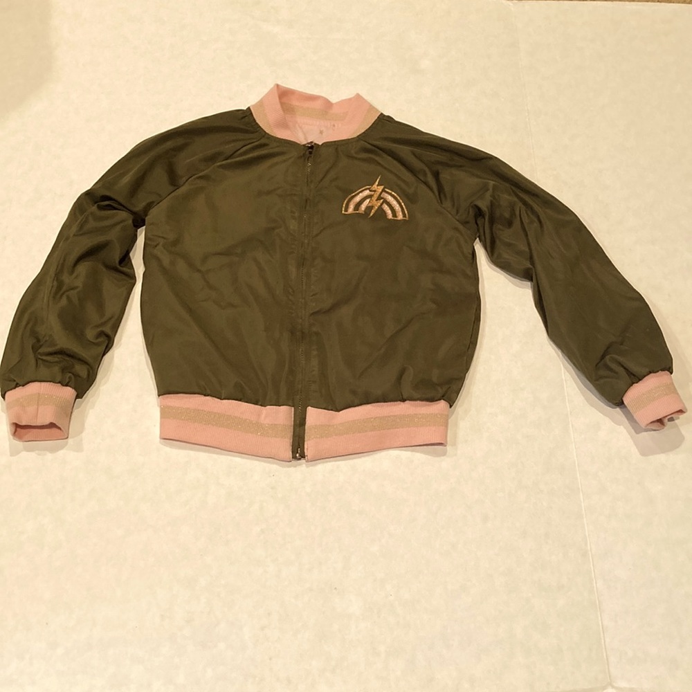 Girls olive and pink unicorn land star design bomber